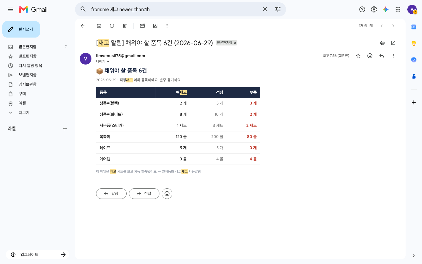재고 자동알림 — 임계치 이하면 먼저 메일로 알려줌 (L2)